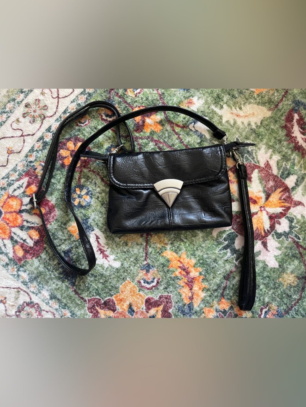 Buckle Brand Black Crossbody Bag with Art Deco Buckle Accent
